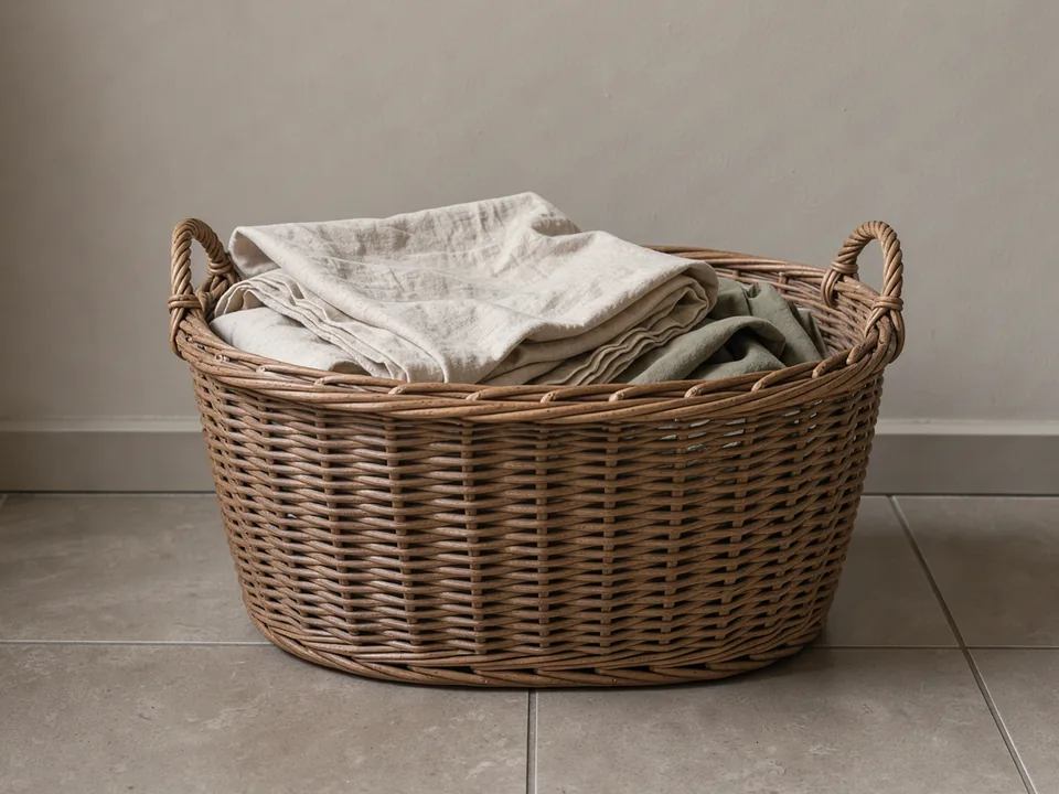 A simple laundry basket holding unpatterned oat fabric beside a putty wall.