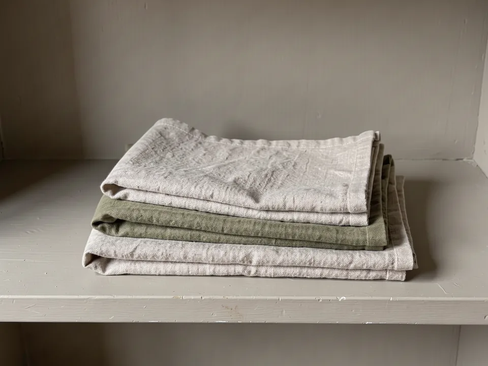 Folded plain oat and olive tea towels resting on a household shelf.